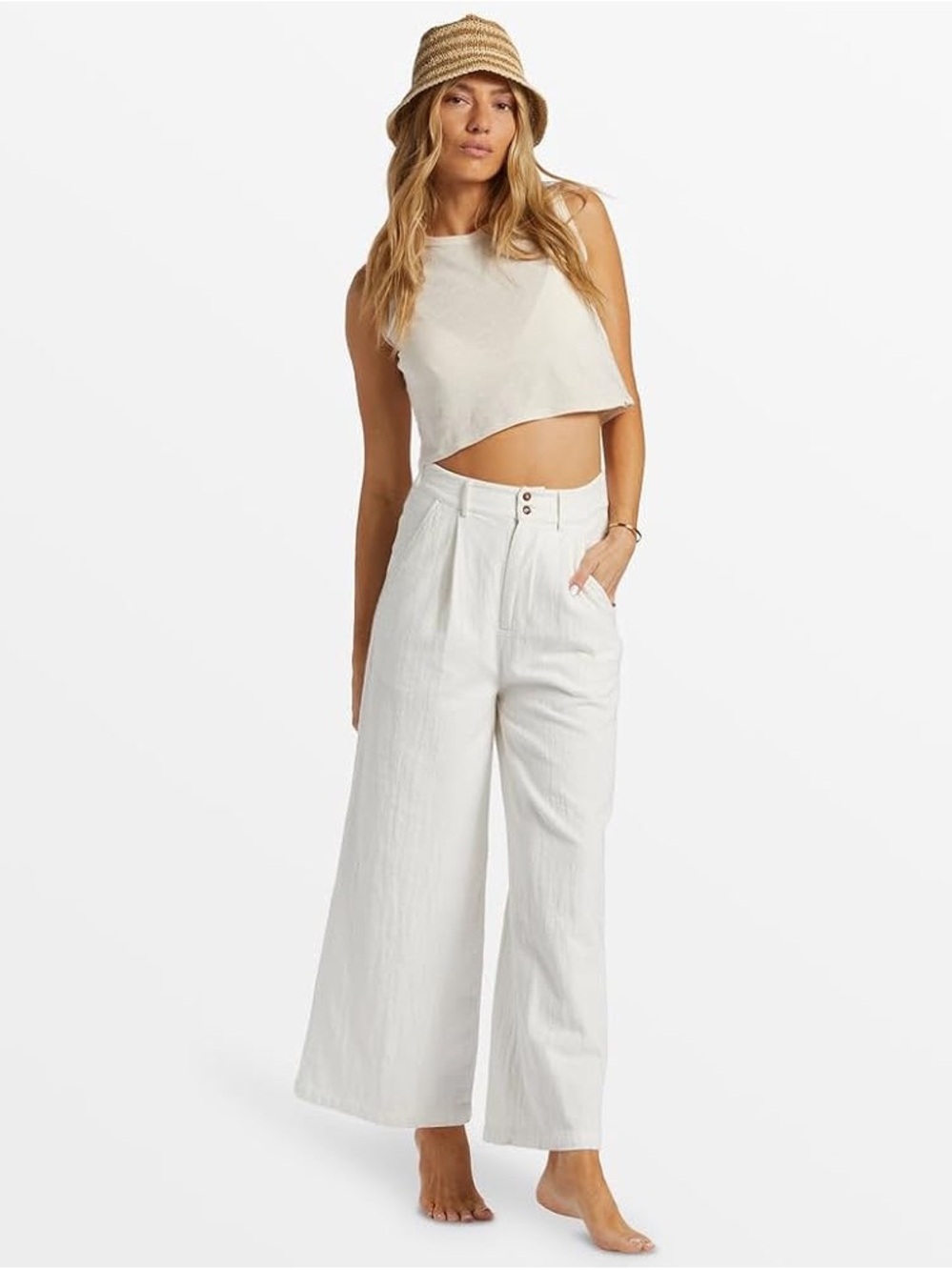 Billabong Wide-Leg White Linen-Blend Pants